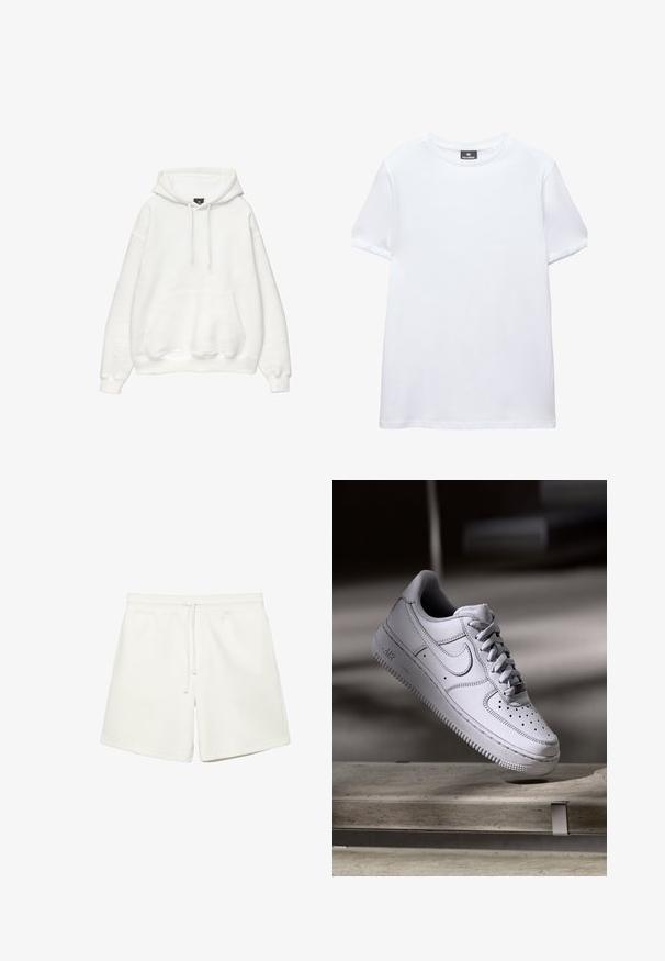 Haut à capuche blanc en mélange de coton doux. Il dispose d'une capuche avec cordon de serrage, d'une poche kangourou à l'avant et de bords côtelés aux poignets et à l'ourlet. Design simple et minimaliste.; T-shirt blanc uni à manches courtes, col rond, avec une étiquette noire Pull&Bear à l'intérieur du col, présenté sur fond blanc.; Shorts blancs décontractés avec une ceinture élastique et un cordon de serrage, dotés de poches latérales, conçus pour le confort et un usage quotidien.; La basket Nike Air Force 1 en cuir blanc présente un embout perforé, des lacets plats et une semelle en caoutchouc texturée avec le logo « AIR » sur le côté.