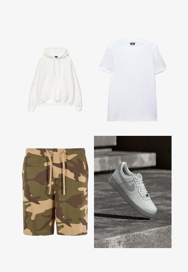 Hvid hættetrøje lavet af blød bomuldsblanding. Har snøre ved hætten, frontlomme med kengurustil og ribbede manchetter og kant. Enkel, minimalistisk design.; Simpel hvid t-shirt med korte ærmer og rund halsudskæring med en sort Pull&Bear mærkat indeni kraven, vist på en hvid baggrund.; Kamuflage shorts i bomuldsblanding med grønne, brune og beige mønstre. Har en elastisk talje med snøre. Casual pasform og knælangt design.; Hvid Nike Air Force 1 sneaker, der svæver over en tekstureret betongulv med stenetrin i baggrunden.