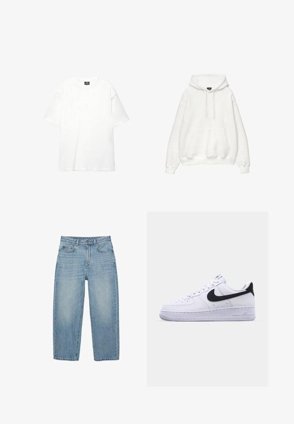 Haut à capuche blanc en mélange de coton doux. Il dispose d'une capuche avec cordon de serrage, d'une poche kangourou à l'avant et de bords côtelés aux poignets et à l'ourlet. Design simple et minimaliste.; T-shirt blanc surdimensionné en coton doux et lisse ; présente des manches courtes, un col rond et un design simple et épuré.; Jean en denim bleu clair à jambes droites avec bouton à l'avant, fermeture éclair et design à cinq poches sur fond blanc.; Sneaker en cuir blanc avec un Swoosh noir texturé, des lacets plats et une semelle en caoutchouc avec un motif strié. "AIR" est embossé sur le talon.