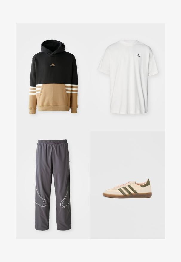 Hætte sweatshirt med sort overdel og beige underdel samt hvide stribede detaljer på ærmerne, kængurulomme og broderet logo.; Hvid bomulds t-shirt med korte ærmer, rund hals og et lille sort Adidas-logo på venstre bryst. Blød tekstur, afslappet pasform.; Herrernes grå sportbukser med elastisk linning, lynlåslommer og reflekterende hvide detaljer på siderne. Letvægtig, glat tekstur.; Beige Adidas Spezial sneaker med lav profil, grønne striber, gummisål og "SPEZIAL"-branding på siden, vist fra ydersiden.