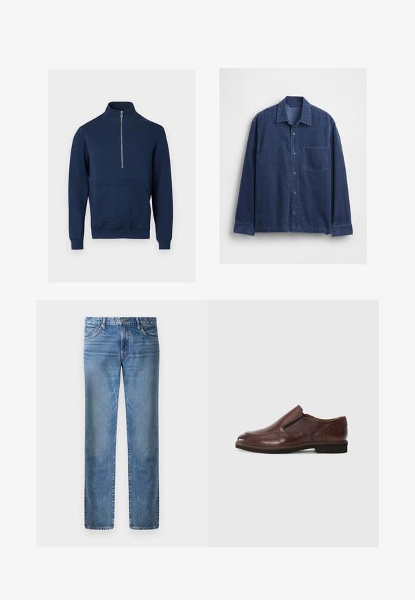 Marineblaue Sweatshirt mit hohem Kragen und Viertelreißverschluss. Verfügt über ein strukturiertes Panel auf der Vorderseite sowie gerippte Bündchen und Saum.; Marineblaues Cordhemd mit Kragen, langen Ärmeln und einer Brusttasche. Verschluss mit Knöpfen und strukturierter Stoff.; Helle blaue Denim-Jeans im geraden Schnitt, fünf Taschen, Verschluss mit Metallknopf, verblasste Textur mit leichten Abnutzungsspuren an der Vorderseite.; Braune Leder-Slipper mit runder Zehenpartie, elastischen seitlichen Akzenten und einer niedrigen Gummisohle. Verfügt über dezente Steppnähte entlang des Randes.