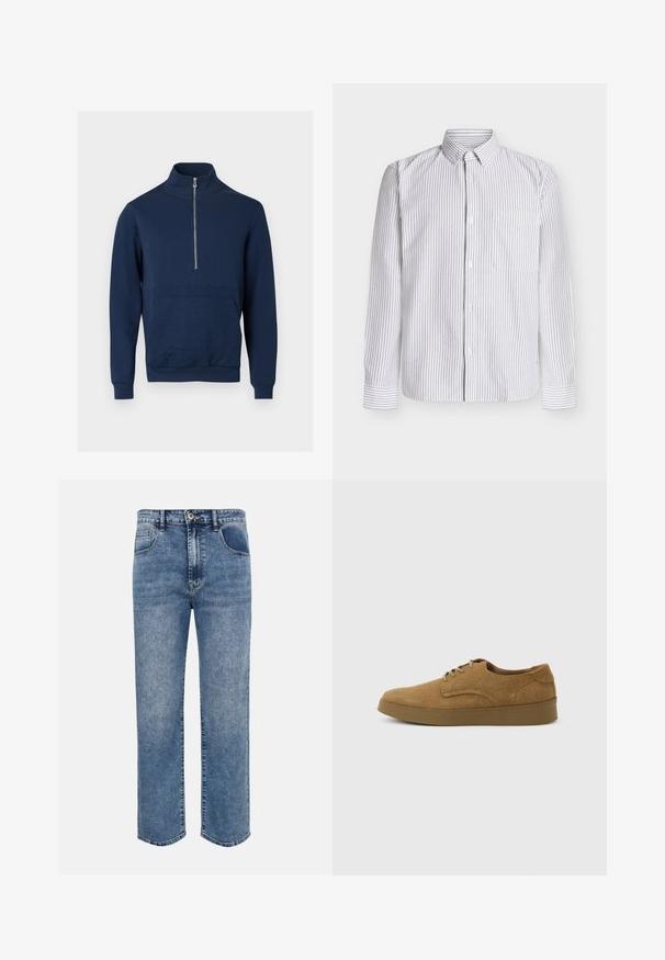 Sweat-shirt bleu marine avec un col montant et une fermeture éclair d'un quart. Présente un panneau texturé à l'avant ainsi que des poignets et un ourlet côtelés.; Chemise à manches longues blanche avec fines rayures verticales grises, col boutonné, poche poitrine simple et manches à revers. Tissu en coton.; Jeans en denim bleu coupe droite avec poches avant, passants pour ceinture, fermeture par bouton et délavage effet usé.; Chaussure décontractée à lacets en daim marron avec semelle en caoutchouc plate, vue de côté sur un fond clair uni.