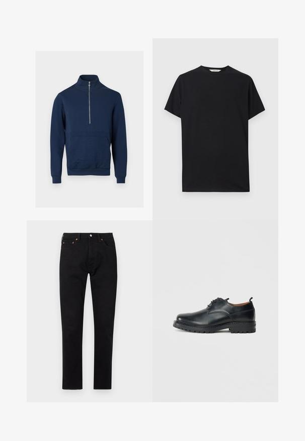 Sweat-shirt bleu marine avec un col montant et une fermeture éclair d'un quart. Présente un panneau texturé à l'avant ainsi que des poignets et un ourlet côtelés.; T-shirt noir à manches courtes en tissu de coton doux. Col rond avec une coupe décontractée, présentant des lignes épurées et simples sans motifs visibles.; Jeans en denim noir à coupe droite, avec des rivets en cuivre, une fermeture à bouton sur le devant et un design classique à cinq poches.; Chaussures derby en cuir noir avec une texture lisse, bout rond, design à lacets et une semelle en caoutchouc épaisse et robuste.