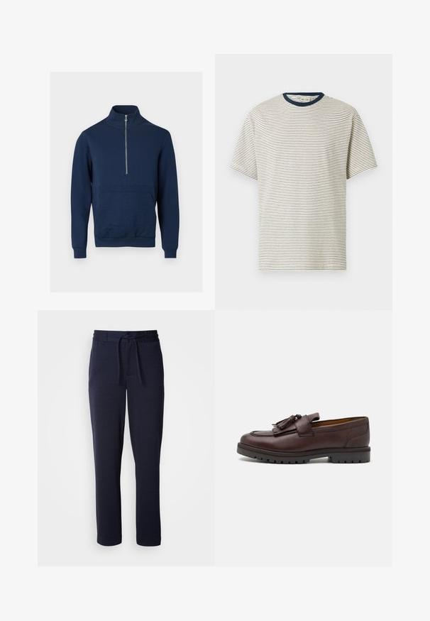 Sudadera azul marino con cuello alto y cremallera de un cuarto. Presenta un panel texturizado en la parte delantera y puños y dobladillo acanalados.; Camiseta blanca de manga corta con finas rayas horizontales negras y un cuello redondo sólido de color azul marino oscuro.; Joggers azul marino hechos de una tela suave, con una cinturilla elástica y cordón, forma de pierna ajustada y sin patrones ni bolsillos visibles.; Zign Mocasines elegantes - brown