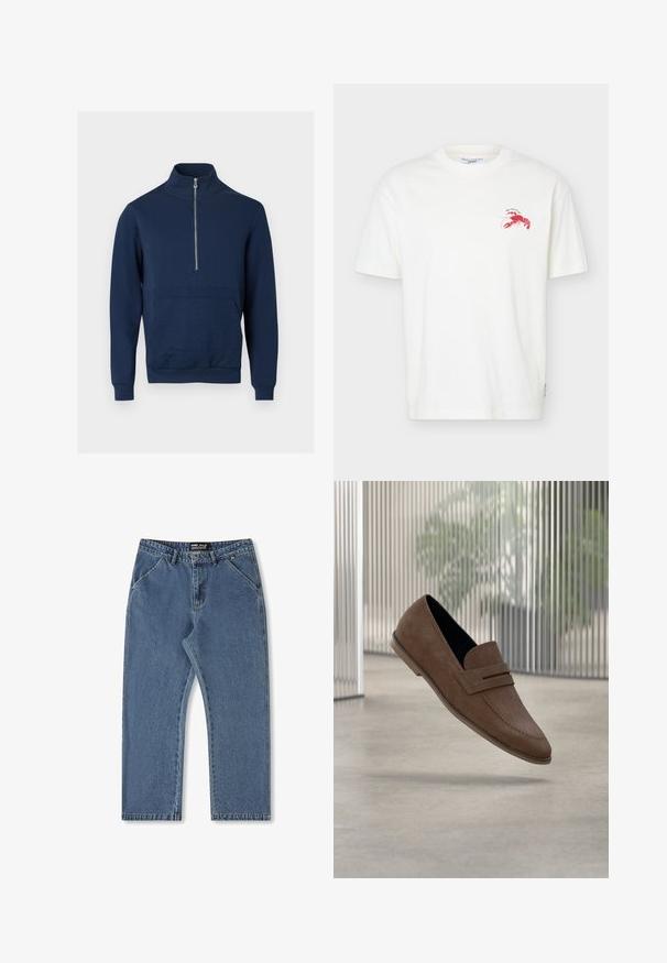 Mørkeblå sweatshirt med høj krave og kvart lynlås. Har et tekstureret panel foran samt ribstrikkede manchetter og kant.; Hvid T-shirt med korte ærmer med et lille rødt hummelgrafik og "Marc O’Polo Denim" label inde i kraven.; Blå denimjeans med lige ben, medium talje og klassisk fem-lommer stil. Har subtil falming og syede detaljer.; Brune ruskind loafers med en glat finish, syningsdetaljer og rundet tådesign. Forhøjet sål og slip-on stil.