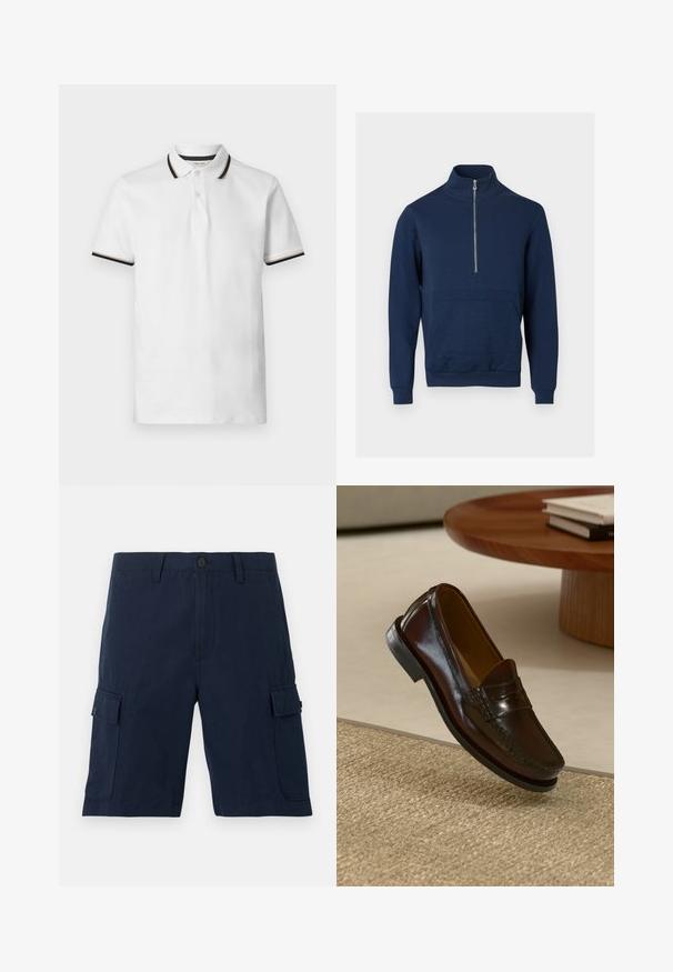 Sweat-shirt bleu marine avec un col montant et une fermeture éclair d'un quart. Présente un panneau texturé à l'avant ainsi que des poignets et un ourlet côtelés.; Polo blanc à manches courtes avec rayures noires et beiges sur le col et les bords des manches, patte à deux boutons et tissu en coton doux.; Shorts cargo bleu marine avec fermeture avant à boutons, passants pour ceinture, poches latérales avec rabat et bouton, et ourlet droit.; Mocassins en cuir marron au fini brillant, avec un détail cousu sur le devant et une semelle en caoutchouc noir à profil bas.