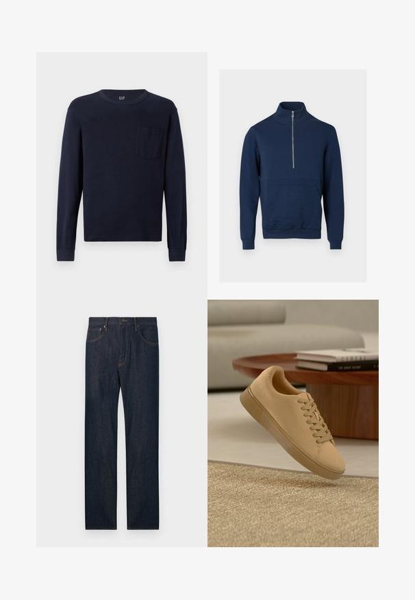 Sudadera azul marino con cuello alto y cremallera de un cuarto. Presenta un panel texturizado en la parte delantera y puños y dobladillo acanalados.; Camiseta de manga larga color marino, hecha de algodón, con un escote redondeado y un pequeño bolsillo en el pecho del lado izquierdo. Textura suave.; Jeans de mezclilla azul oscuro de pierna recta con bolsillos delanteros y traseros, un botón y trabillas para cinturón.; Zapatilla beige con cordones flotando sobre una alfombra texturizada con una mesa de café de madera y libros apilados en un fondo desenfocado.
