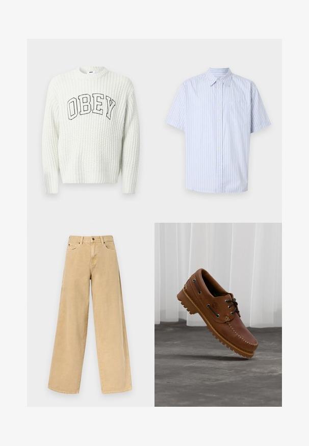 Pull en maille blanche avec l'inscription "OBEY" en lettres noires sur la poitrine, présentant une texture côtelée et un col rond.; Chemise à manches courtes, rayée verticalement en bleu clair et blanc, avec col et poche à poitrine gauche.; Jean beige taille haute à jambes larges avec bouton avant et fermeture éclair, passants pour ceinture et poches avant sur un fond uni.; Chaussure de bateau en cuir marron avec des lacets noirs, des coutures beiges et une semelle robuste, suspendue au-dessus d'un sol en béton gris.