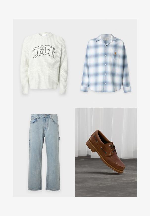 Suéter blanco tejido con la palabra "OBEY" en letras negras en el pecho, con textura acanalada y cuello redondo.; Camisa de manga larga con botones, de cuadros azul claro y blanco, con cuello puntiagudo y bolsillo frontal en el pecho con parche con el logo de Carhartt.; Pantalones cargo de mezclilla azul claro con un corte relajado, que cuentan con bolsillos laterales, un diseño de pierna recta y detalles de costura visibles.; Zapato náutico de cuero marrón con cordones negros, costuras beige y una suela resistente, suspendido sobre un suelo de hormigón gris.