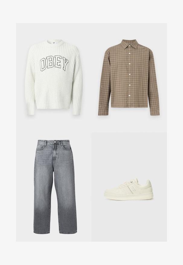 Hvid strikket sweater med "OBEY" i sort bogstaver tværs over brystet, med ribbet struktur og rund halsudskæring.; Langærmet skjorte med knapper, i brunt og beige ternet mønster, klassisk krave og hvide knapper ned foran.; Grå denim bred-benede jeans med høj talje, fem-lomme design og metal lukning. Stof viser let falmning nær kanten.; Cremefarvet sneaker med perforeret detaljering, snørebånd og logo på siden, præsenteret mod en simpel hvid baggrund.