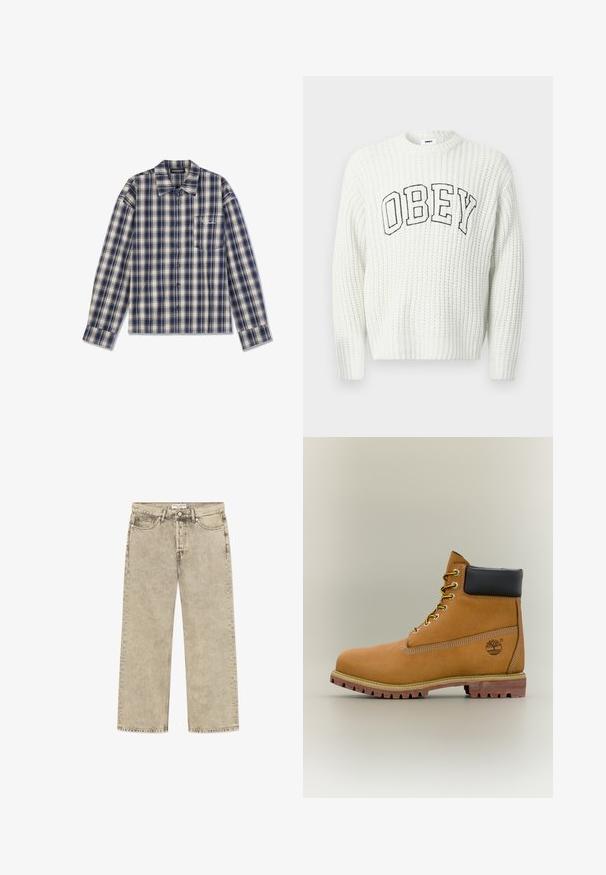 Witte gebreide trui met "OBEY" in zwarte letters over de borst, met een geribbelde textuur en een ronde hals.; Langarm geruiten overhemd in marineblauw en crème met een knoopsluiting aan de voorkant, kraag en een klein borstzakje met witte tekst.; Beige straight-fit spijkerbroek met vijf zakken, riemlussen, knoopsluiting en zichtbare naden, met een label "Wood Wood Type 2" op de tailleband.; Bruine leren enkellaars met zwarte kraag, gele veters en een zandkleurige zool. Voorzien van een logo en witte stikseldetails. Robuuste loopzool met grip.