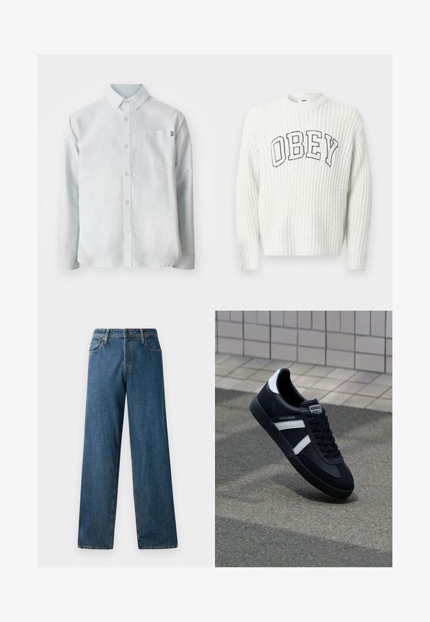 Biely pletený sveter s nápisom "OBEY" v čiernych písmenách na hrudi, so žíhanou textúrou a okrúhlym výstrihom.; New Balance OXFORD - Košeľa - blue; Tmavomodré džíny z denimu s voľným strihom, rovnými nohavicami, piatimi vreckami a kontrastným šitím. Obsahujú zapínanie na prednom gombíku a zips.; Čierne kožené tenisky s bielymi pruhmi, textúrovanou gumovou podrážkou a šnurovaním vpredu. Obsahujú označenie značky na jazyku.