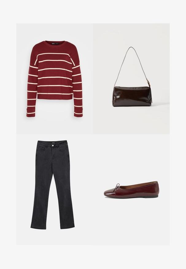 Mørkerød cropped sweater med cremefarvede vandrette striber, rund halsudskæring og cuffed lange ærmer. Blød tekstur og afslappet pasform.; Sorte lige ben jeans med front- og baglommer, bæltestropper og knaplukning i taljen.; Bordeaux patentlæder balletflad med rund tå, lille sløjfeaccent foran og en lav, sort gummisål. Glat tekstur.; Mørkebrun rektangulær læder skuldertaske med en enkelt tynd rem og spænde i guldton på en ensfarvet baggrund.