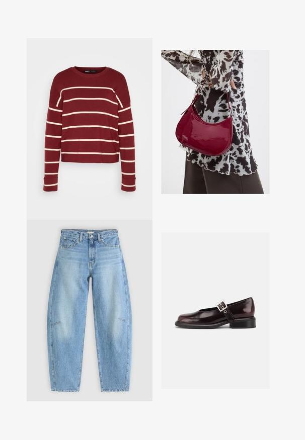 Bordeaux cropped trui met crèmekleurige horizontale strepen, ronde halslijn en opgekrulde lange mouwen. Zachte textuur en een relaxte pasvorm.; Lichtblauwe denim jeans met een relaxte pasvorm, met een hoge taille, rechte pijpen en subtiele stiksels op de voorzakken.; Enkele glanzende donker bordeauxrode Mary Jane schoen met brede band en zilveren gesp, lage blokhak en afgeronde neus op witte achtergrond.; Vrouw met een zwart-wit gebloemde blouse houdt een glanzende rode schoudertas vast tegen een effen achtergrond.