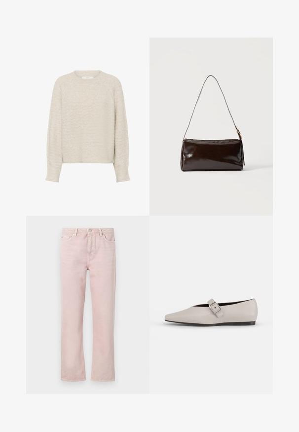 Beige strikket langærmet sweater med rund hals og ribbede ærmekanter og kant, med et subtilt tekstureret mønster.; Lys rosa denimjeans med lige pasform, fem lommer og lynlås. Har sy detaljer og hardware i sølvfarve.; Beige læder flad sko med spidse tæer, en sidelukning som accent og en lav sort sål. Glat tekstur og minimalistisk design.; Mørkebrun rektangulær læder skuldertaske med en enkelt tynd rem og spænde i guldton på en ensfarvet baggrund.