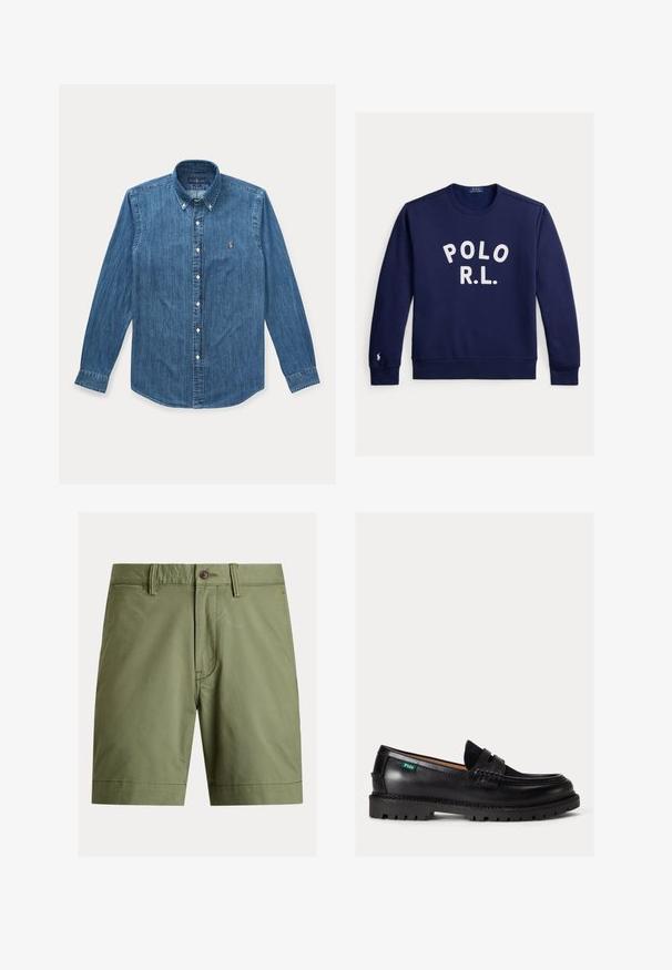 Sudadera azul marino con cuello redondo, texto blanco "POLO R.L." en el frente y pequeño logo bordado en el puño izquierdo.; Camisa vaquera azul de manga larga con botones, cuello y pequeño logo bordado en el pecho izquierdo.; Pantalones cortos verde oliva hechos de mezcla de algodón, con cierre de botón, trabillas para cinturón y corte recto con dobladillos rematados.; Mocasín de cuero negro con suela gruesa, puntera redondeada y etiqueta verde con el logo Polo en el lateral.