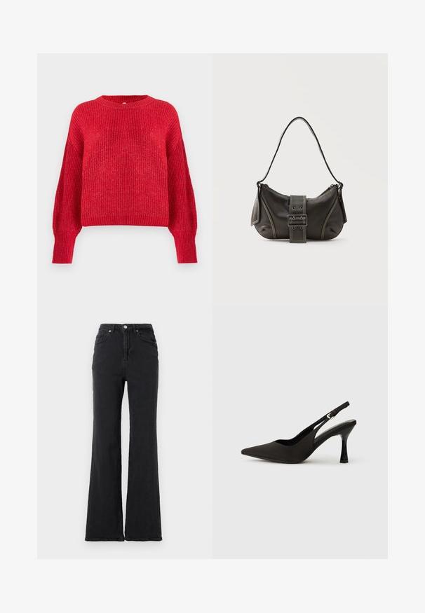Suéter rojo de punto con cuello redondo, hombros caídos, puños acanalados y dobladillo inferior, que presenta un patrón texturizado en toda su superficie.; Jeans de mezclilla negros de cintura alta con pierna acampanada, botón frontal y diseño de cinco bolsillos sobre un fondo blanco liso.; Zapatos de tacón negro tipo slingback con puntera afilada, acabado mate suave y un tacón delgado y brillante. Correa ajustable con detalle de hebilla pequeña.; Bolso de hombro de cuero negro con detalle de correa con hebilla, bordes curvos y costuras blancas en contraste sobre un fondo liso.