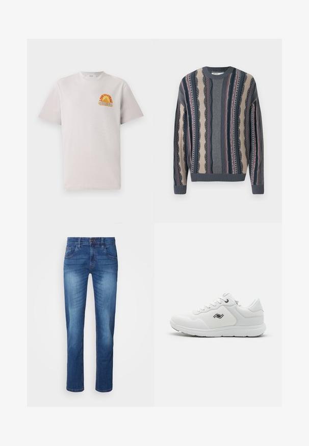 Strikket sweater med rund hals, der har skiftende striber i marineblå, cremefarvet og rød. Strukturerede mønstre med ribbet manchetter og kant.; Lysegrå bomulds T-shirt med rund hals, der har et farverigt "Lone Château Replay" grafik i orange og blå på brystet.; Blå lige ben denim jeans med falmede detaljer, frontlukning med knap og lynlås, bæltestropper og klassisk fem-lomme design.; Hvide atletiske sko med en glat syntetisk overdel, mesh-paneler for åndbarhed, rund tå og tekstureret gummisål. Sort logo-detalje på siden.
