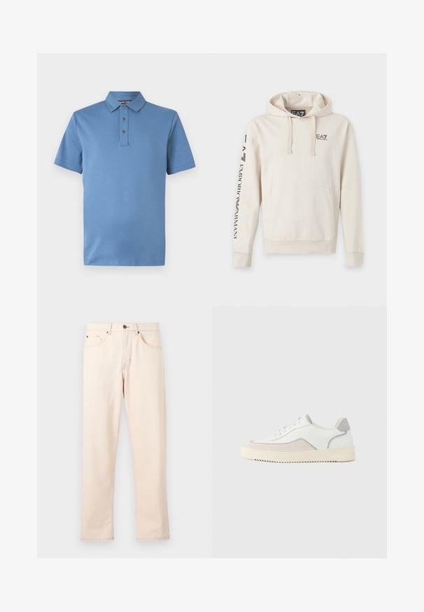 Beige hættetrøje med forlomme, snøretrækshætte og sort EA7 Emporio Armani-logo på brystet og højre ærme.; Blå kortærmet poloshirt med klassisk krave, tre-knaps stolpelukning og diskret "MK" logo på venstre bryst.; Beige jeans med rette ben, fem lommer, knaplukning og kontrastsyning på en ensfarvet lys baggrund.; Hvide sneakers med øverste lag af glat læder, grå ruskindsdetaljer, tonale sting og en tekstureret cremefarvet gummisål. Minimalistisk design.