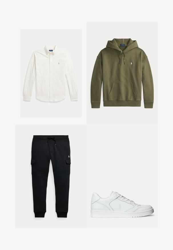 Sudadera con capucha verde oliva con bolsillo frontal tipo canguro, capucha con cordón, puños y bajo acanalados, y pequeño logo blanco de Polo Ralph Lauren en el pecho.; Camisa blanca de manga larga con botones y cuello, con el logo de Polo Ralph Lauren bordado en el pecho izquierdo.; Pantalones jogger cargo negros con cintura ajustable con cordón, bolsillos laterales con solapa, puños acanalados y pequeño logo blanco de jugador de polo en el muslo derecho.; Zapatilla de cuero blanca con textura suave, que presenta una puntera perforada, cierre de cordones y logo bordado en el lateral. Suela de goma blanca.