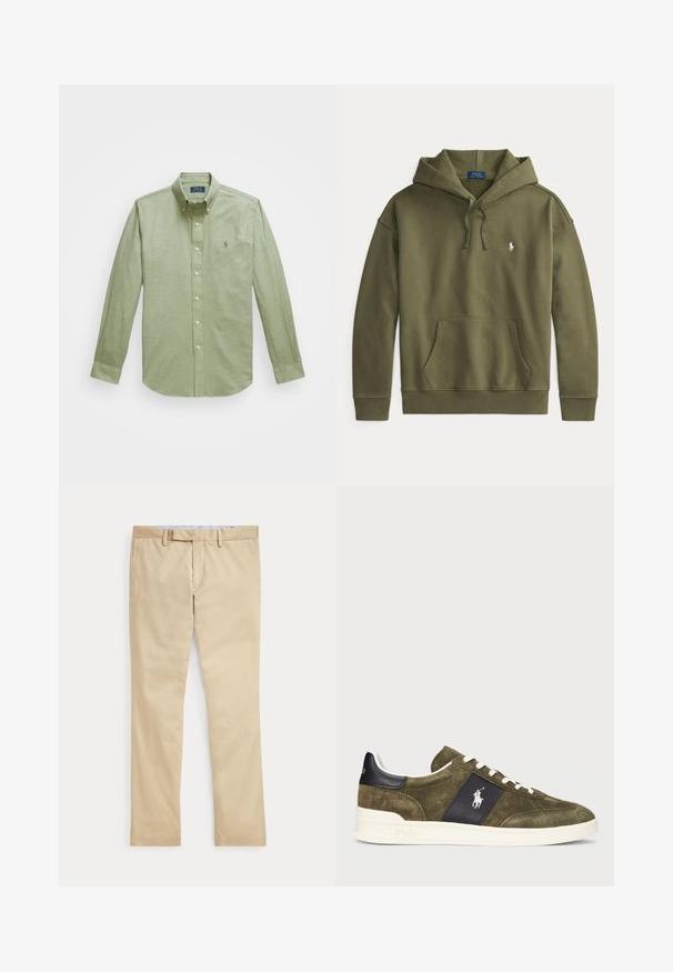 Olivovo zelená mikina s kapucňou s predným vreckom na brušku, kapucňou na sťahovanie, rebrovanými manžetami a lemom a malým bielym logom Polo Ralph Lauren na hrudi.; Svetlozelená košeľa s dlhým rukávom, zapínaná na gombíky, s vyšívaným logom na hrudi a perlovo lesklými gombíkmi.; Béžové nohavice s rovnými nohavicami, s pútkami na opasok a predným zipsom, položené na bielom pozadí.; Olivovo zelené semišové tenisky s námorníckou akcentovou časťou, bielymi šnúrkami a logom. Majú štruktúrovaný povrch a bielu gumovú podrážku.