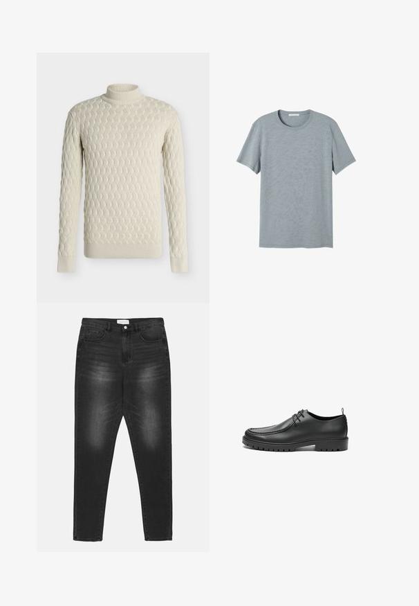 Flødefarvet kabelstrikket rullekravesweater med lange ærmer og ribkanter ved ærmer og bund, vist på en ensfarvet baggrund.; Kortærmet t-shirt med rund hals i blødt, lyseblåt stof med et subtilt tekstureret mønster og ufærdig kantdetalje.; Sorte denim jeans med en falmet vask, høj talje, fem-lomme design og sølvbeslag. Lige ben med kontrast syninger.; Sorte lædersko med en glat overflade, rund tå og dekorativ stikning. Har en gummisål med skridsikre spor og snørebåndsdesign.