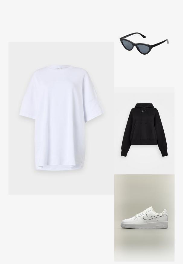 Čierna skrátená mikina vyrobená z mäkkej textílie, s kapucňou na šnúrku, prednou klokankou a malým bielym logom Nike na hrudi.; Biela tričko s krátkym rukávom, voľného strihu, vyrobené z bavlny. Okrúhly výstrih, bočné rozparky na leme a hladká textúra bez viditeľných vzorov alebo akcentov.; Biela nízka teniska s perforovaným dizajnom Nike swoosh na boku, bielymi šnúrkami a textúrovanou podrážkou na neutrálnom pozadí.; Čierne slnečné okuliare v štýle mačacích očí s tmavošedými sklami, elegantným plastovým rámom, špicatými rohmi a rovnými stranami. Bez viditeľného hardvéru alebo akcentov.