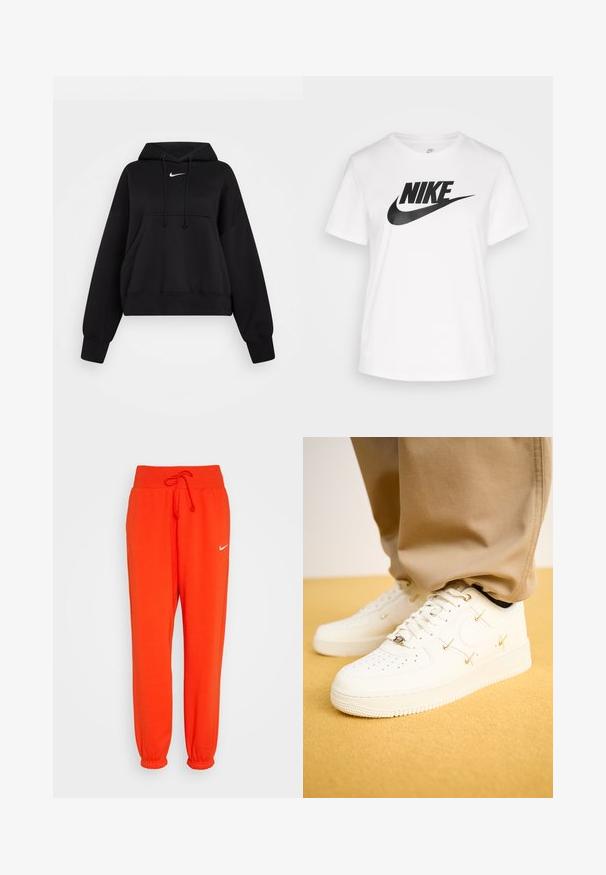 Zwarte cropped hoodie van zachte stof, met een trekkoordcapuchon, een kangaroezak aan de voorkant en een klein wit Nike-logo op de borst.; Witte katoenen T-shirt met een ronde hals, korte mouwen en een groot zwart Nike-logo gedrukt over de borst. Gladde textuur en casual ontwerp.; Nike Sportswear W PHNX FLC HR OS - Trainingsbroek - picante red/sail; Witte leren sneakers met geperforeerde neus, gouden accenten en platte veters, gecombineerd met beige broek op een gestructureerde gele ondergrond.
