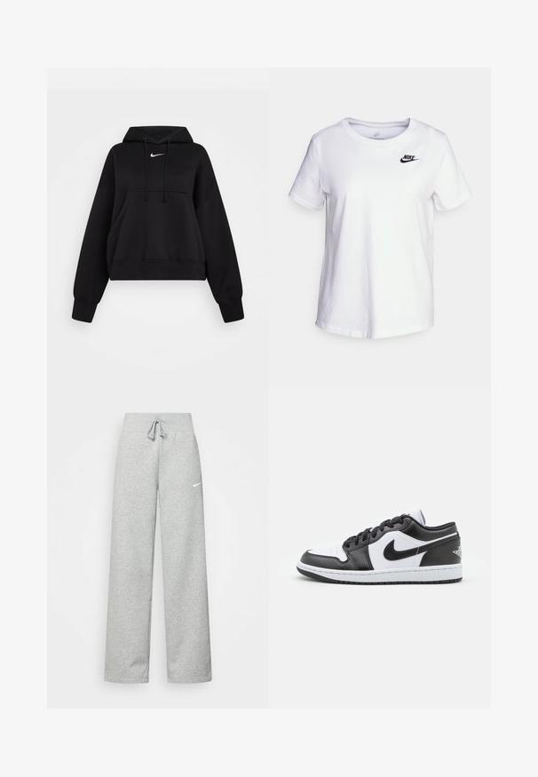 Hoodie noir court en tissu doux, avec une capuche à cordon, poche kangourou avant et un petit logo Nike blanc sur la poitrine.; T-shirt en coton blanc avec un col rond et des manches courtes. Présente un logo Nike noir dans la partie supérieure gauche de la poitrine.; Pantalon de survêtement gris avec une taille élastique, un détail de cordon de serrage et un petit logo Nike blanc sur la cuisse gauche. Tissu doux, coupe ample.; Des baskets basses Nike en noir et blanc présentent un cuir lisse sur le dessus, un bout rond, un système de laçage et une semelle extérieure en caoutchouc à motifs.