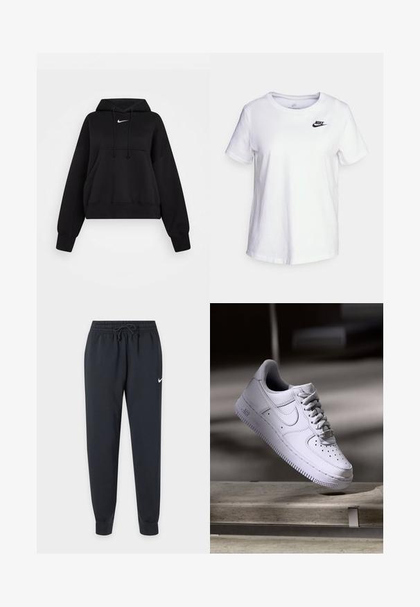 Hoodie noir court en tissu doux, avec une capuche à cordon, poche kangourou avant et un petit logo Nike blanc sur la poitrine.; T-shirt en coton blanc avec un col rond et des manches courtes. Présente un logo Nike noir dans la partie supérieure gauche de la poitrine.; Pantalon de survêtement Nike noir avec taille élastique et cordon, jambes fuselées, chevilles bord-côte et petit logo Nike blanc sur la cuisse droite.; Baskets Nike Air Force 1 blanches lévitant au-dessus d'une surface en béton avec des ombres dans un cadre minimaliste.