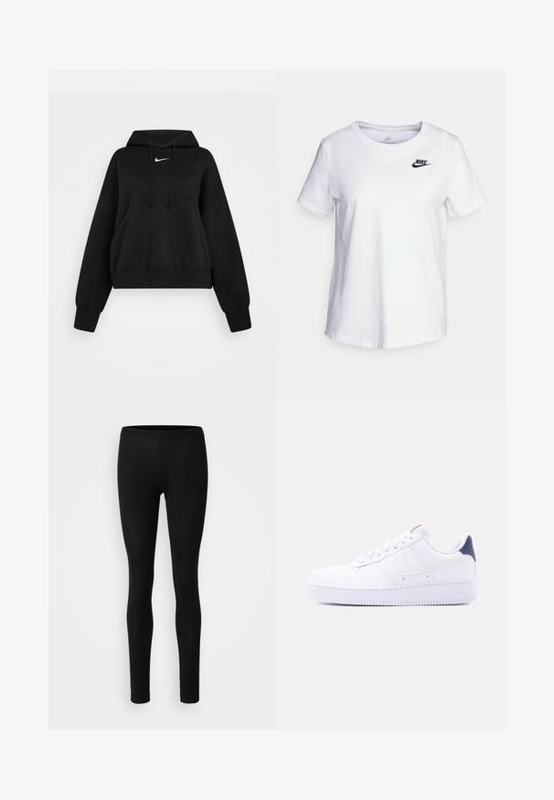 Sort cropped hoodie lavet af blødt stof, med hætte med snor, frontlomme til hænderne og et lille hvidt Nike-logo på brystet.; Hvid bomulds t-shirt med rund halsudskæring og korte ærmer. Har et sort Nike-logo i det øverste venstre brystområde.; Sorte leggings lavet af et blødt, strækbart stof. De har en tætsiddende pasform med elastisk talje og en glat, mat overflade.; Hvid lavtop sneaker med perforeringer på tåen, hvide snørebånd, en hvid swoosh-logo og en mørkeblå hælflig.