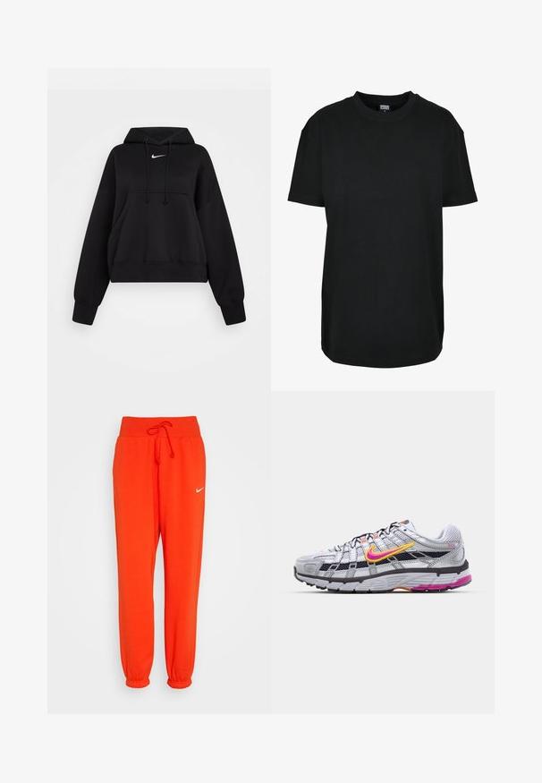 Sudadera corta negra hecha de tejido suave, con capucha ajustable, bolsillo canguro delantero y un pequeño logo blanco de Nike en el pecho.; Camiseta negra de manga corta y cuello redondo en talla XS con etiqueta "Urban Classics" dentro del cuello.; Nike Sportswear W PHNX FLC HR OS - Pantalones deportivos - picante red/sail; Zapatilla de running de malla gris con un distintivo swoosh en rosa y amarillo, acentos negros y una suela de goma texturizada. Cuenta con una puntera reforzada y un collar acolchado.