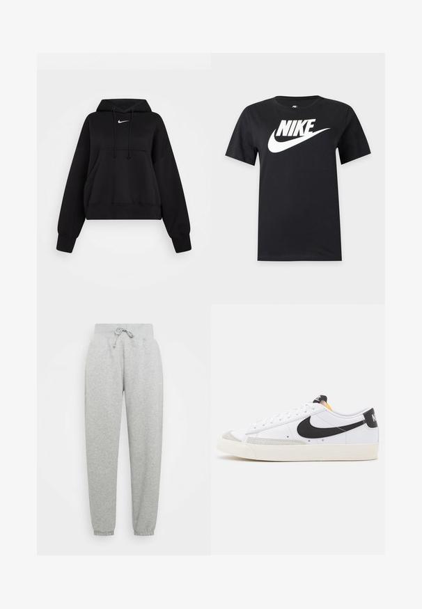 Sudadera corta negra hecha de tejido suave, con capucha ajustable, bolsillo canguro delantero y un pequeño logo blanco de Nike en el pecho.; Camiseta negra de manga corta con un gran logo blanco de Nike y el swoosh en el pecho sobre un fondo liso.; Pantalones de chándal grises con cintura elástica, cordón ajustable y puños acanalados. Hechos de una tela suave; cuenta con dos bolsillos laterales.; Zapatillas blancas con swoosh negro, detalles en ante gris y suela de goma color crema. Presentan cordones blancos y un talón negro con marca.