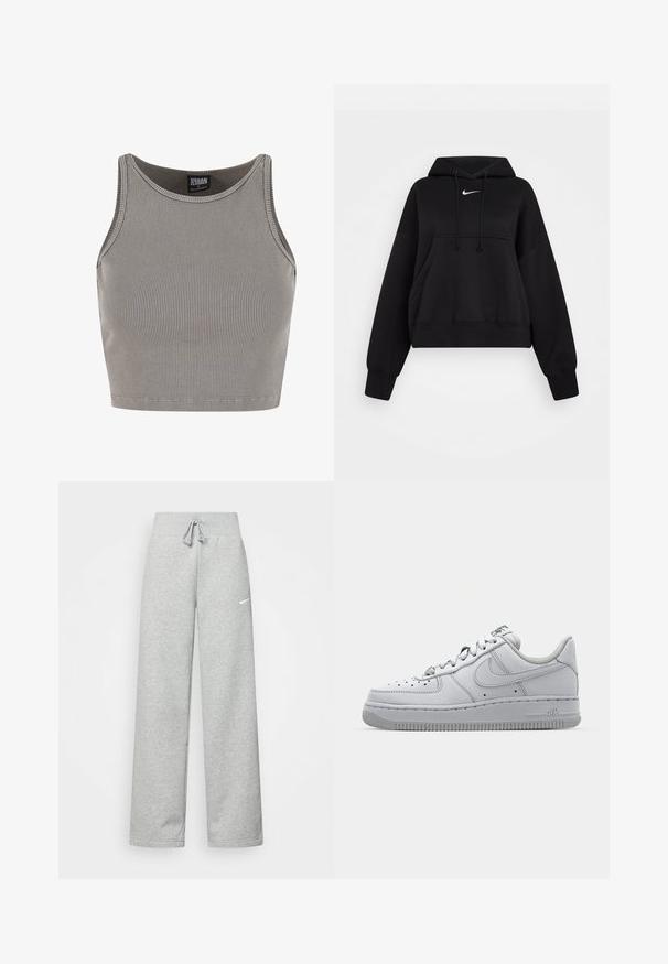 Sort cropped hoodie lavet af blødt stof, med hætte med snor, frontlomme til hænderne og et lille hvidt Nike-logo på brystet.; Urban Classics CROPPED - Top - steelgrey; Grå sweatpants med elastisk talje, snor detaljer og et lille hvidt Nike-logo på venstre lår. Blødt stof, løs pasform.; Hvid lædersneaker med lavt design, rund tå, perforerede detaljer og en tekstureret gummisål. Har grå accenter på tungen.