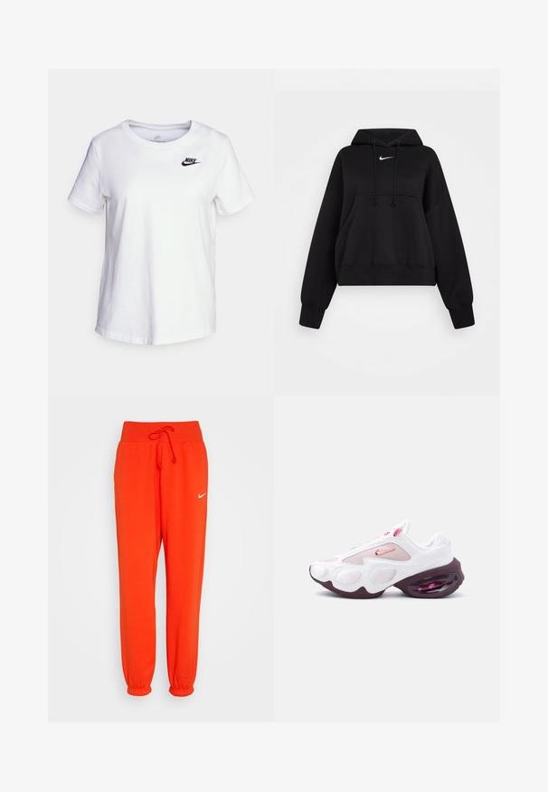 Sudadera corta negra hecha de tejido suave, con capucha ajustable, bolsillo canguro delantero y un pequeño logo blanco de Nike en el pecho.; Camiseta de algodón blanca con cuello redondo y mangas cortas. Presenta un logotipo negro de Nike en la parte superior izquierda del pecho.; Nike Sportswear W PHNX FLC HR OS - Pantalones deportivos - picante red/sail; Zapatilla deportiva blanca y rosa con paneles de malla, un logo de Nike rosa y una suela gruesa de color púrpura oscuro con amortiguación visible de aire.