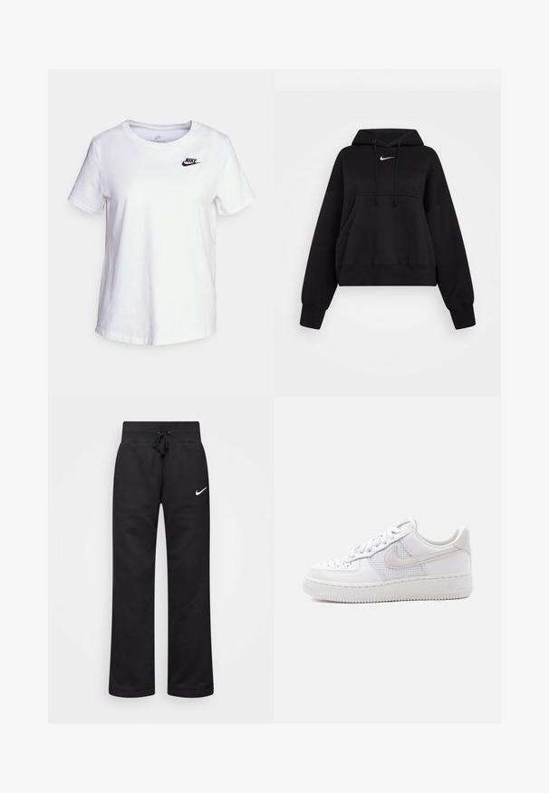 Schwarze, kurze Kapuzenjacke aus weichem Stoff, mit einer Kordelzugkapuze, einer vorderen Kängurutasche und einem kleinen weißen Nike-Logo auf der Brust.; Weißes Baumwoll-T-Shirt mit Rundhalsausschnitt und kurzen Ärmeln. Mit einem schwarzen Nike-Logo auf der oberen linken Brustseite.; Schwarze Sweatpants aus einem Baumwollmix, mit einem Kordelzugbund, geraden Beinen und einem weißen Nike-Logo auf der linken Seite.; Weißer Nike Air Force 1 Sneaker mit niedrigem Schaft, weißen Schnürsenkeln, Perforationen an der Zehenkappe und einem Mesh-Einsatz hinter dem Nike-Swoosh-Logo.