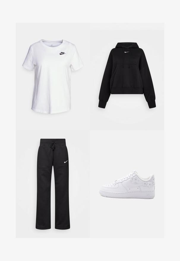 Sort cropped hoodie lavet af blødt stof, med hætte med snor, frontlomme til hænderne og et lille hvidt Nike-logo på brystet.; Hvid bomulds t-shirt med rund halsudskæring og korte ærmer. Har et sort Nike-logo i det øverste venstre brystområde.; Sorte sweatpants lavet af en bomuldsblanding, med en snøre i taljen, lige ben og et hvidt Nike-logo på venstre side.; Hvid lavtop sneaker med perforeret tå, Nike swoosh og dekorative hvide blomsterdetaljer på hælen og siden.