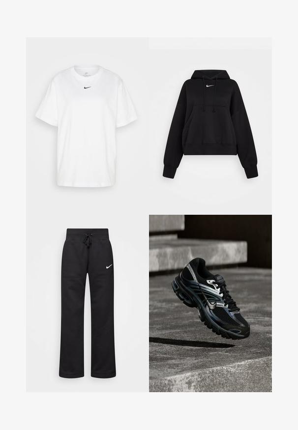 Čierna skrátená mikina vyrobená z mäkkej textílie, s kapucňou na šnúrku, prednou klokankou a malým bielym logom Nike na hrudi.; Biela bavlnená tričko s okrúhlym výstrihom, krátkymi rukávmi a čiernym logom Nike potlačeným na hrudníku. Jednoduchý a klasický dizajn.; Čierne tepláky vyrobené z bavlnenej zmesi, s elastickým pásom na šnúrku, rovnými nohavicami a bielym logom Nike na ľavej strane.; Čierno-strieborná bežecká topánka Nike vznášajúca sa nad betónovými schodmi, zobrazujúca detailný dizajn a textúrovanú podrážku v exteriéri.