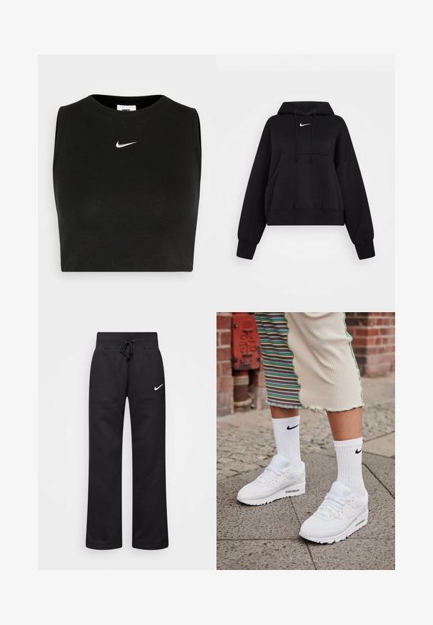 Sudadera corta negra hecha de tejido suave, con capucha ajustable, bolsillo canguro delantero y un pequeño logo blanco de Nike en el pecho.; Top corto negro sin mangas hecho de material acanalado, con cuello redondo y un pequeño logo blanco de Nike en el pecho.; Pantalones de chándal negros hechos de una mezcla de algodón, con una cintura elástica ajustable, piernas rectas y un logo blanco de Nike en el lado izquierdo.; Zapatillas Nike Air Max 90 blancas con parte superior de malla y cuero, que cuentan con una unidad de aire visible, combinadas con calcetines blancos con relieve y logotipo negro.