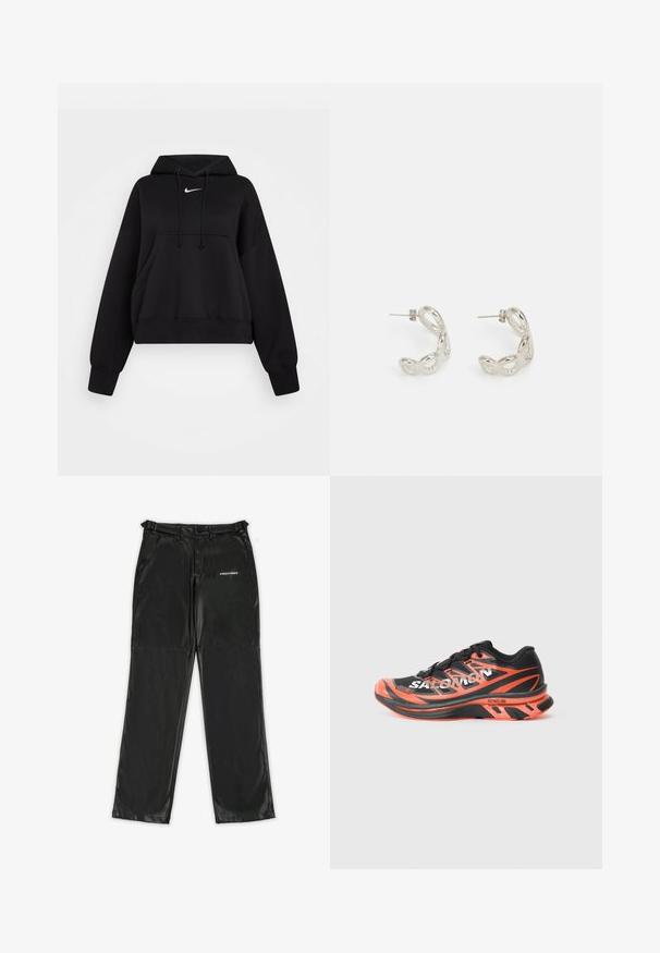 Hoodie noir court en tissu doux, avec une capuche à cordon, poche kangourou avant et un petit logo Nike blanc sur la poitrine.; Pantalons en simili cuir noir au design élégant, avec un logo sur le côté gauche, des jambes droites et des passants de ceinture traditionnels.; Chaussure de course noire et orange avec une tige en mesh, un logo distinctif, un design texturé et une semelle rembourrée. Dispose d'un système de laçage intégré.; Boucles d'oreilles en argent avec un design torsadé et ondulé. Fabriquées en métal brillant, avec un fermoir pour un port sécurisé. Texture lisse, taille moyenne.