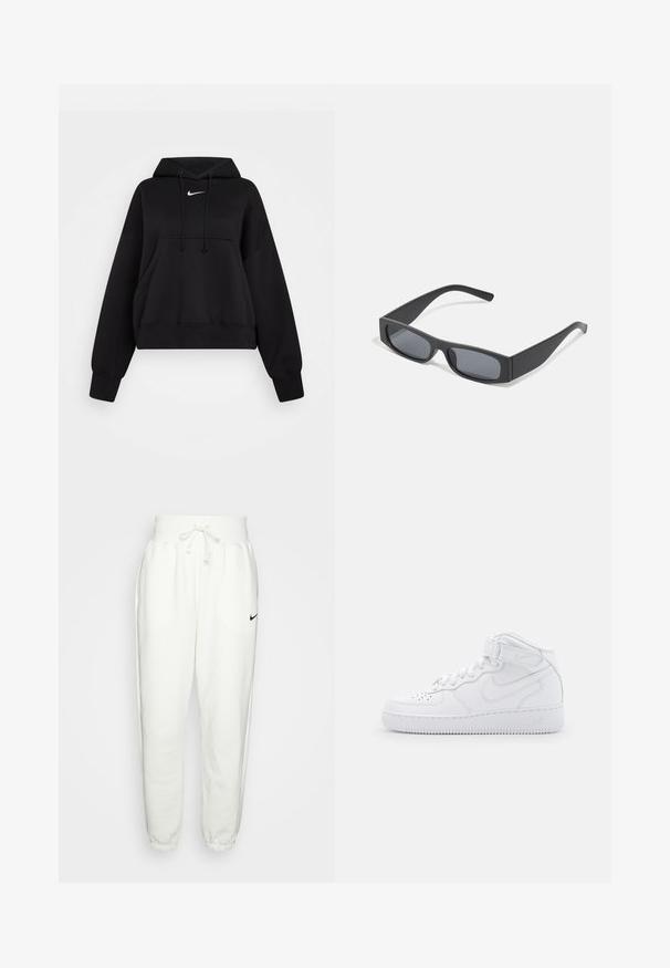 Čierna skrátená mikina vyrobená z mäkkej textílie, s kapucňou na šnúrku, prednou klokankou a malým bielym logom Nike na hrudi.; Biele teplákové nohavice vyrobené z mäkkého materiálu, s elastickým pásom a sťahovacou šnúrkou, bočnými vreckami a čiernym logom Nike na ľavom stehne.; Biele vysoké tenisky vyrobené z kože s polstrovaným golierom, perforovanou špičkou, šnúrkami a nastaviteľným popruhom na členku; logo na boku.; Čierne obdĺžnikové slnečné okuliare s tmavými sklami a hrubými matnými rámami. Ramena sú mierne zúžené s hladkým povrchom.