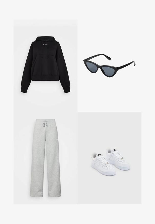 Sudadera corta negra hecha de tejido suave, con capucha ajustable, bolsillo canguro delantero y un pequeño logo blanco de Nike en el pecho.; Pantalones de chándal grises con cintura elástica, detalle de cordón y un pequeño logo blanco de Nike en el muslo izquierdo. Tejido suave, de corte holgado.; Zapatillas Nike Air Force 1 blancas con una parte superior de cuero suave, puntera perforada, cordones blancos y un logotipo negro en la lengüeta.; Gafas de sol negras en forma de ojo de gato con lentes gris oscuro, marco de plástico elegante, esquinas puntiagudas y patillas rectas. Sin herrajes ni acentos visibles.