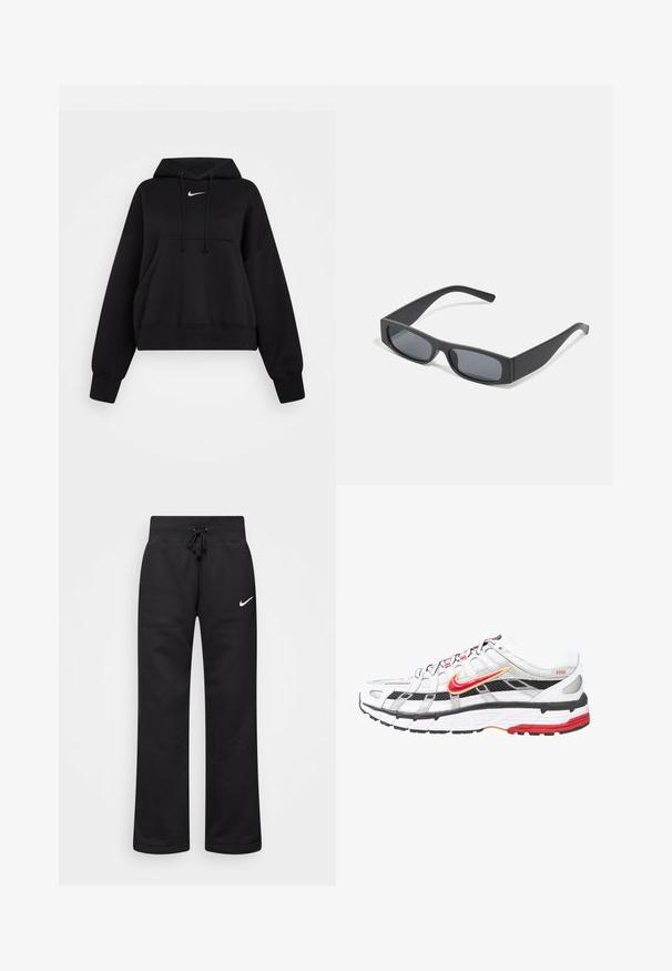 Sort cropped hoodie lavet af blødt stof, med hætte med snor, frontlomme til hænderne og et lille hvidt Nike-logo på brystet.; Sorte sweatpants lavet af en bomuldsblanding, med en snøre i taljen, lige ben og et hvidt Nike-logo på venstre side.; Hvide og sorte atletiske sko med røde og gyldne accenter. Har en mesh-overdel, polstret sål og et sikkert snøredesign.; Sorte rektangulære solbriller med mørke linser og tykke matte stel. Armen er let tilspidset med en glat overflade.