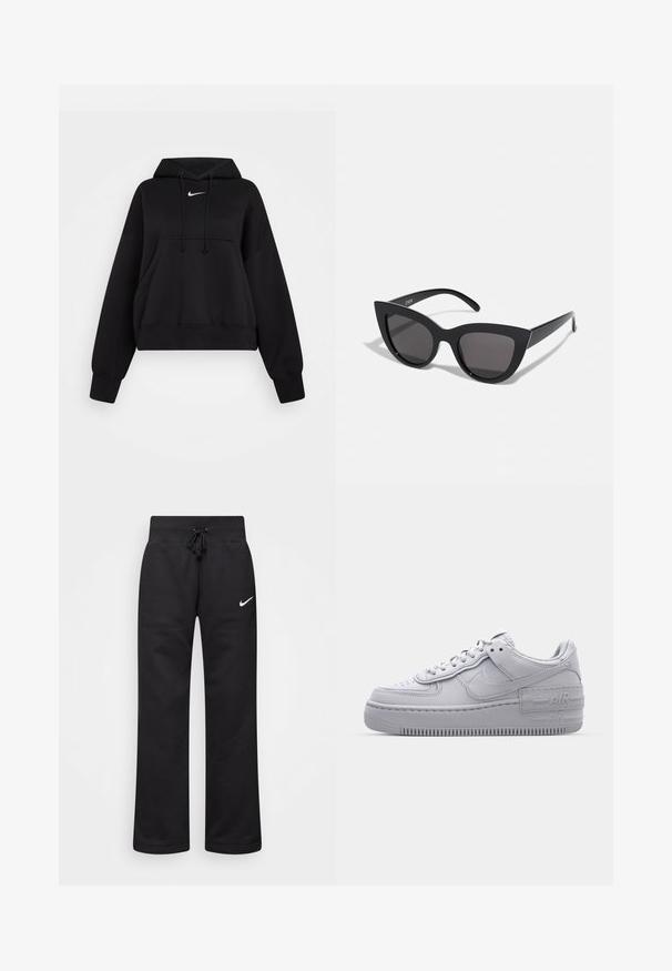 Hoodie noir court en tissu doux, avec une capuche à cordon, poche kangourou avant et un petit logo Nike blanc sur la poitrine.; Pantalons de survêtement noirs en mélange de coton, dotés d'une taille élastique avec cordon de serrage, de jambes droites et d'un logo Nike blanc sur le côté gauche.; Basket en cuir lisse gris Nike Air Force 1 avec un bout perforé, une semelle épaisse et un détail 'AIR' en relief sur le talon.; Lunettes de soleil noires en forme d'œil de chat avec une finition mate, dotées de verres teintés gris, d'angles aigus et de branches élégantes. Nom de la marque visible sur la branche intérieure.