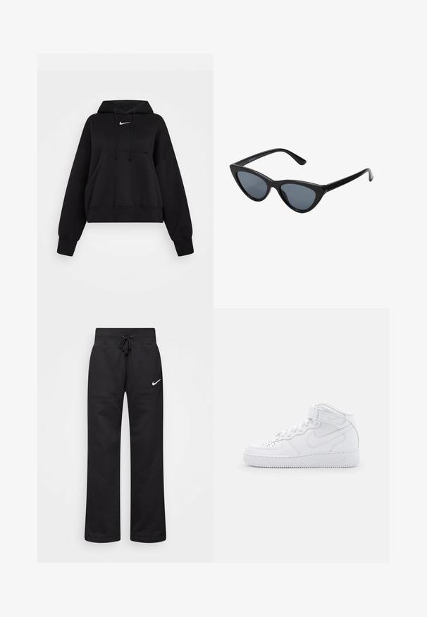 Sort cropped hoodie lavet af blødt stof, med hætte med snor, frontlomme til hænderne og et lille hvidt Nike-logo på brystet.; Sorte sweatpants lavet af en bomuldsblanding, med en snøre i taljen, lige ben og et hvidt Nike-logo på venstre side.; Hvide høj-top sneakers lavet af læder med polstret krave, perforeret tå, snørebånd og justerbar ankelrem; logo på siden.; Sorte katteøje solbriller med mørkegrå linser, slankt plastisk stel, spidse hjørner og lige stænger. Ingen synlig hardware eller dekorationer.