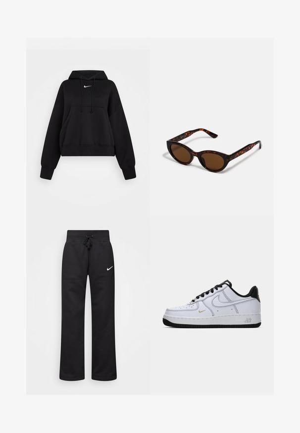 Zwarte cropped hoodie van zachte stof, met een trekkoordcapuchon, een kangaroezak aan de voorkant en een klein wit Nike-logo op de borst.; Zwarte sweatpants van een katoenmix, voorzien van een tailleband met koord, rechte pijpen, en een wit Nike-logo aan de linkerzijde.; Witte lage Nike Air Force 1 sneaker met zwarte zool, zwarte veters, zwarte hiel en kleine gouden swoosh aan de zijkant.; Bruine schildpad zonnebril met een vintage cat-eye vorm en bruine lenzen. Heeft gebogen armen met rode accenten.