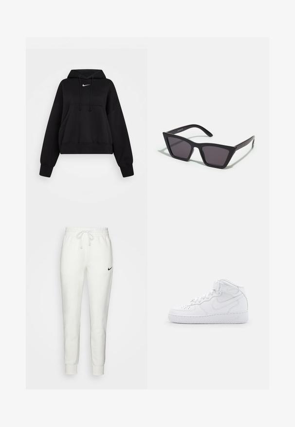 Sort cropped hoodie lavet af blødt stof, med hætte med snor, frontlomme til hænderne og et lille hvidt Nike-logo på brystet.; Hvide bomulds sweatpants med elastisk talje, snøre og sort Nike logo på venstre side. Tætsiddende manchetter ved anklerne.; Hvide høj-top sneakers lavet af læder med polstret krave, perforeret tå, snørebånd og justerbar ankelrem; logo på siden.; Sorte, kantede solbriller med grå linser; lavet af plast, med tykke stænger med en glat overflade og ingen synlig hardware.