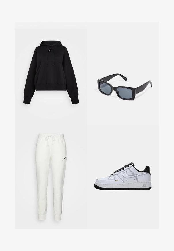 Sort cropped hoodie lavet af blødt stof, med hætte med snor, frontlomme til hænderne og et lille hvidt Nike-logo på brystet.; Hvide bomulds sweatpants med elastisk talje, snøre og sort Nike logo på venstre side. Tætsiddende manchetter ved anklerne.; Hvide lav-top Nike Air Force 1 sneakers med sort sål, sorte snørebånd, sort hæl og lille gul swoosh på siden.; Sorte rektangulære solbriller med mørkt tonede linser, tyk plastramme og brede stænger. Glat overflade og kantet design.