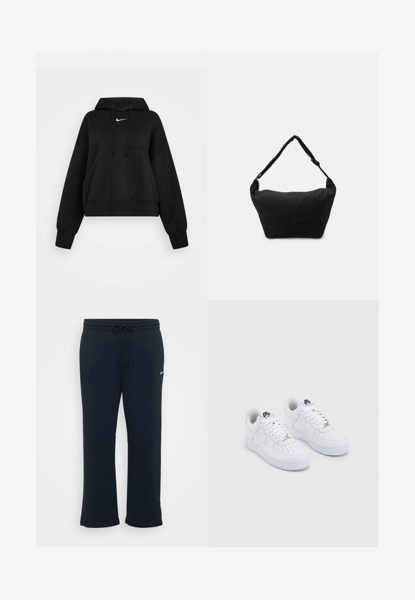 Sort cropped hoodie lavet af blødt stof, med hætte med snor, frontlomme til hænderne og et lille hvidt Nike-logo på brystet.; Sorte sweatpants med elastisk talje og justerbar snor. Har et lille hvidt Nike-logo på venstre side. Blød stofstruktur.; Hvide Nike Air Force 1 sneakers med en glat læderoverdel, perforeret tåboks, hvide snørebånd og sort branding på tungen.; Sort stof skuldertaske med en blød tekstureret overflade, rund form og en enkelt rem. Minimalistisk design uden synligt hardware eller accenter.