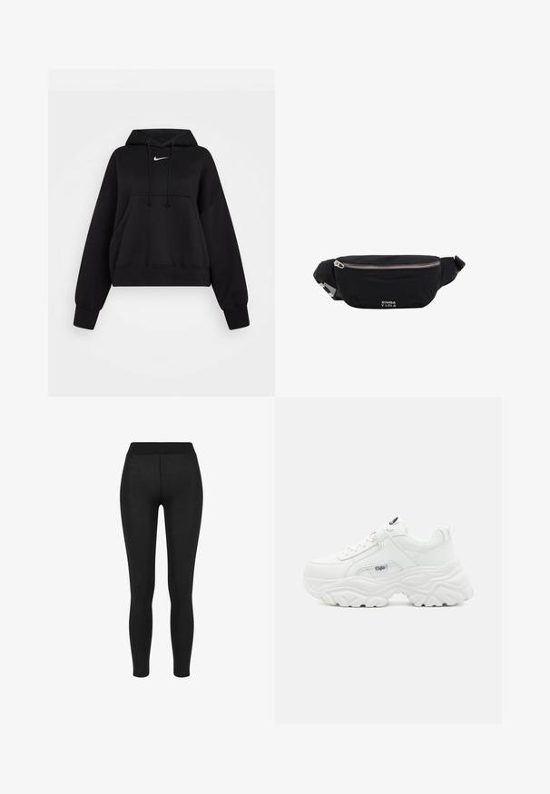 Hoodie noir court en tissu doux, avec une capuche à cordon, poche kangourou avant et un petit logo Nike blanc sur la poitrine.; Leggings noirs en tissu lisse, avec une taille haute, une coupe moulante et sans coutures visibles, adaptés pour un usage décontracté ou actif.; Des sneakers blancs chunky avec un dessus en cuir lisse, un bout rond et une semelle épaisse texturée avec un logo de marque visible sur le côté.; Sac banane en tissu noir avec fermeture éclair argentée et bandoulière ajustable, avec petit logo blanc "Bimba y Lola" sur le devant.